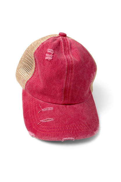 Distressed Red Criss-Cross Ponytail Trucker Hat