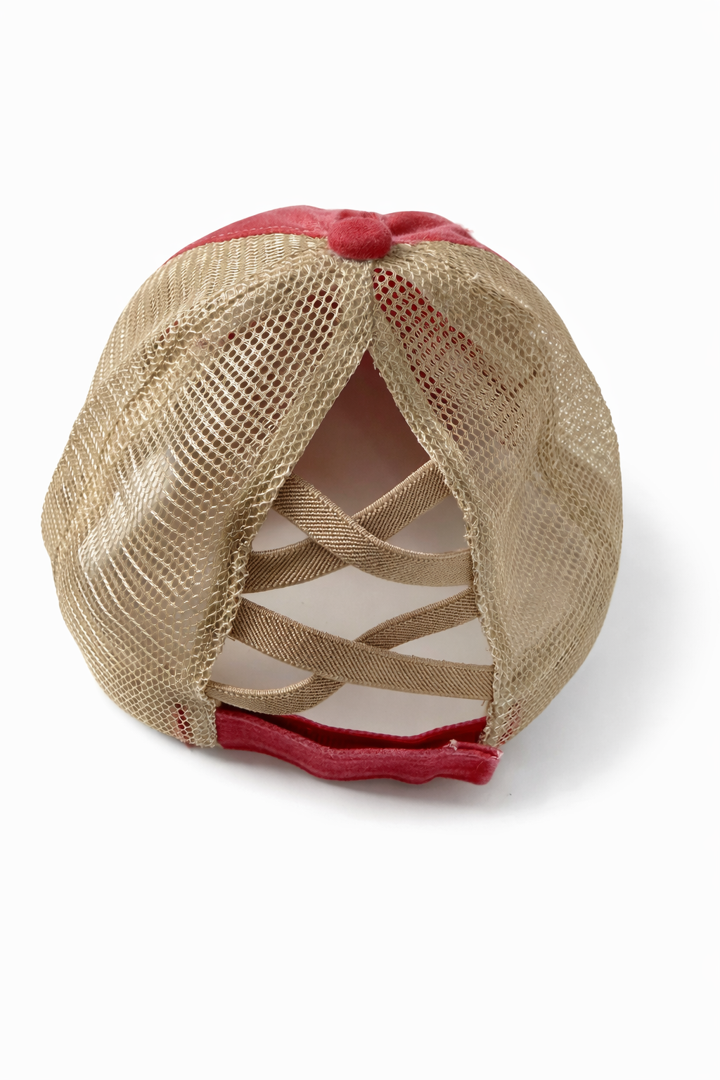 Distressed Red Criss-Cross Ponytail Trucker Hat