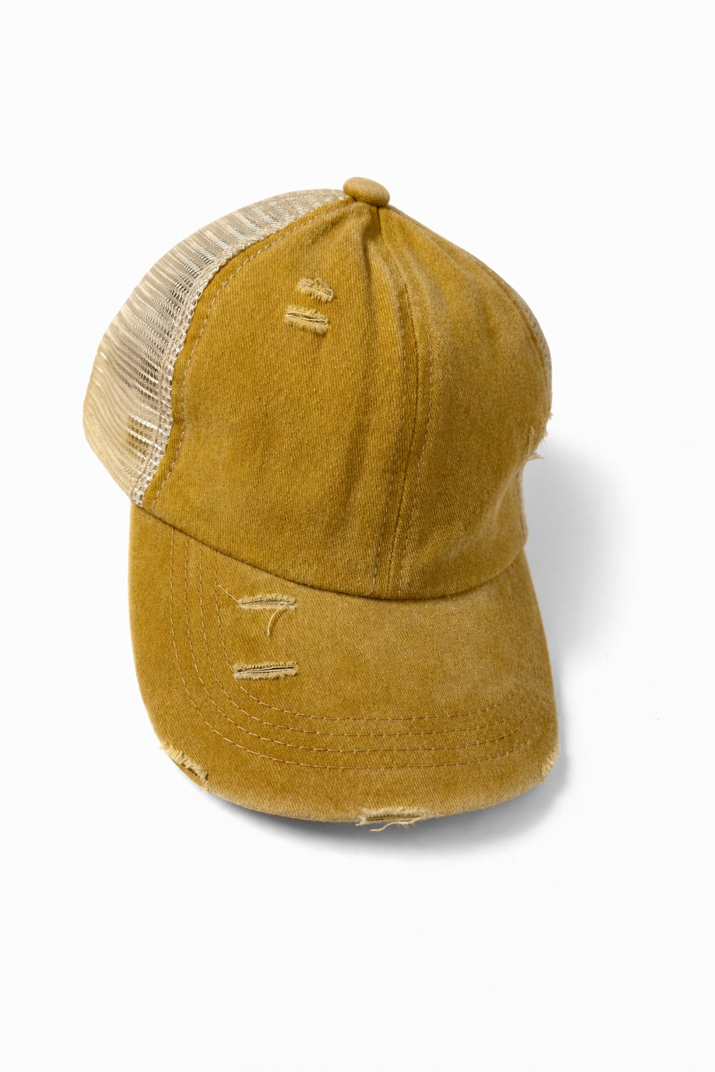 Distressed Mustard Yellow Criss-Cross Ponytail Trucker Hat