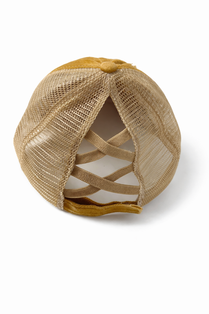 Distressed Mustard Yellow Criss-Cross Ponytail Trucker Hat