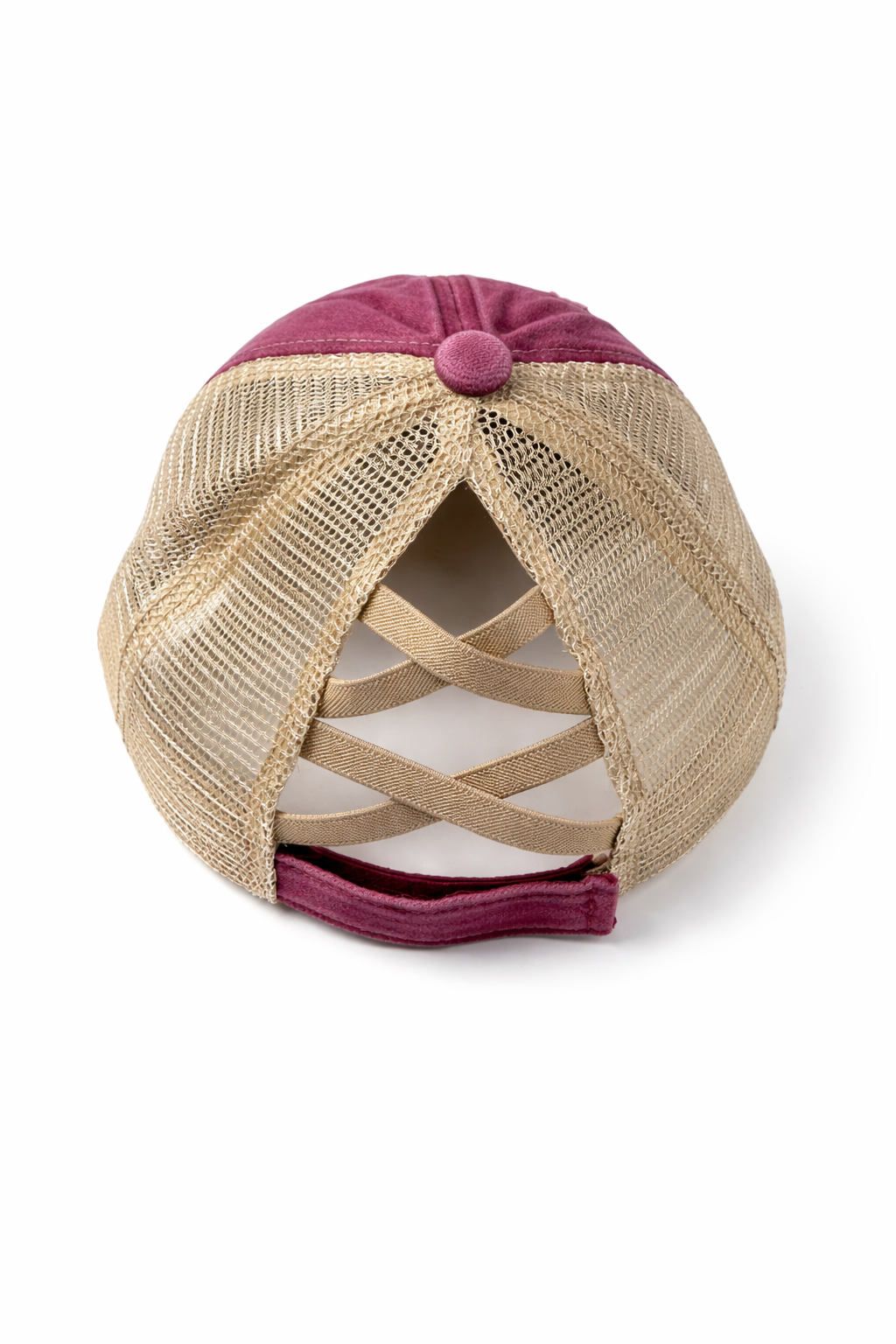 Distressed Maroon Criss-Cross Ponytail Trucker Hat