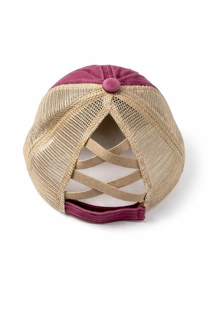 Distressed Maroon Criss-Cross Ponytail Trucker Hat