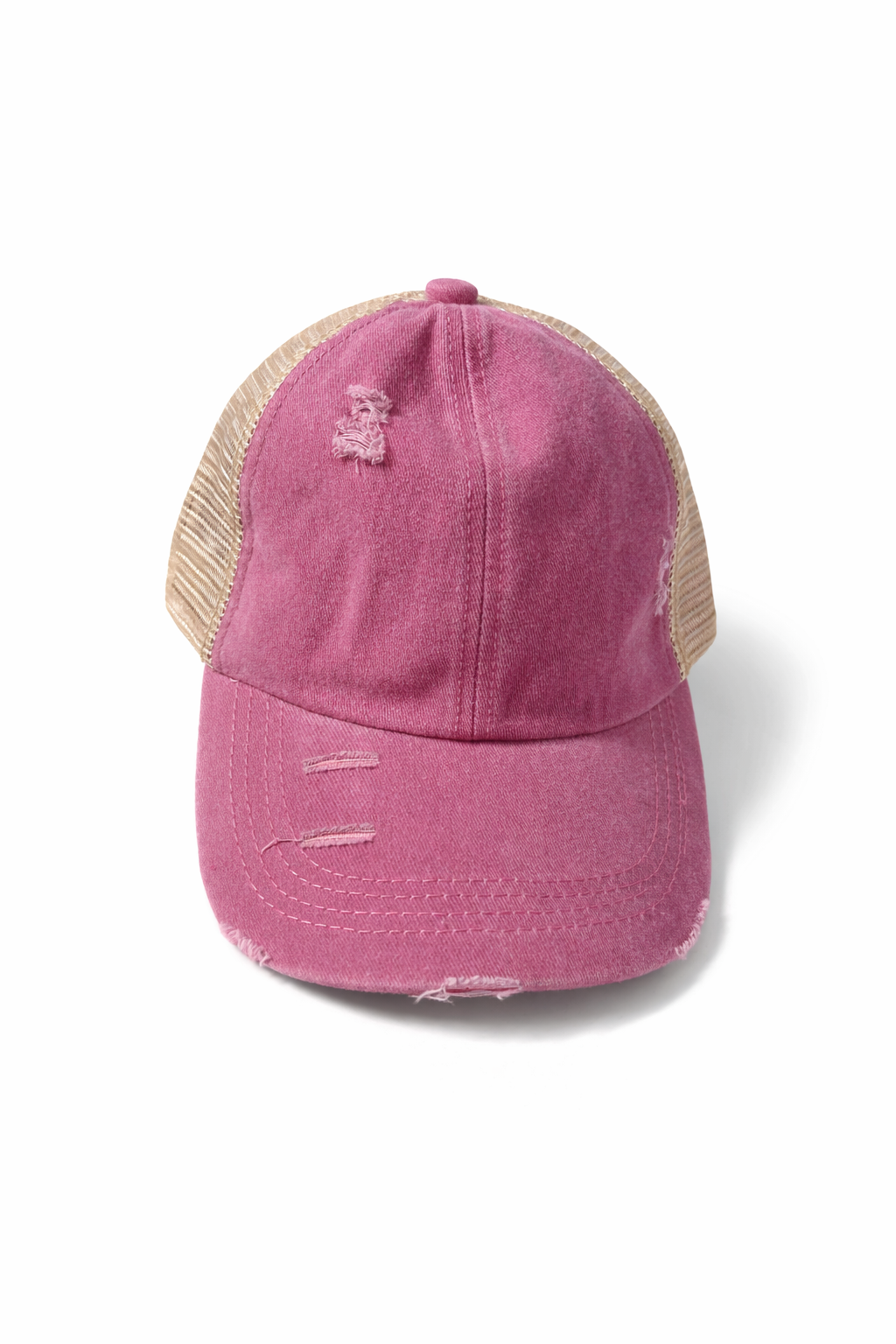Distressed Pink Criss-Cross Ponytail Trucker Hat