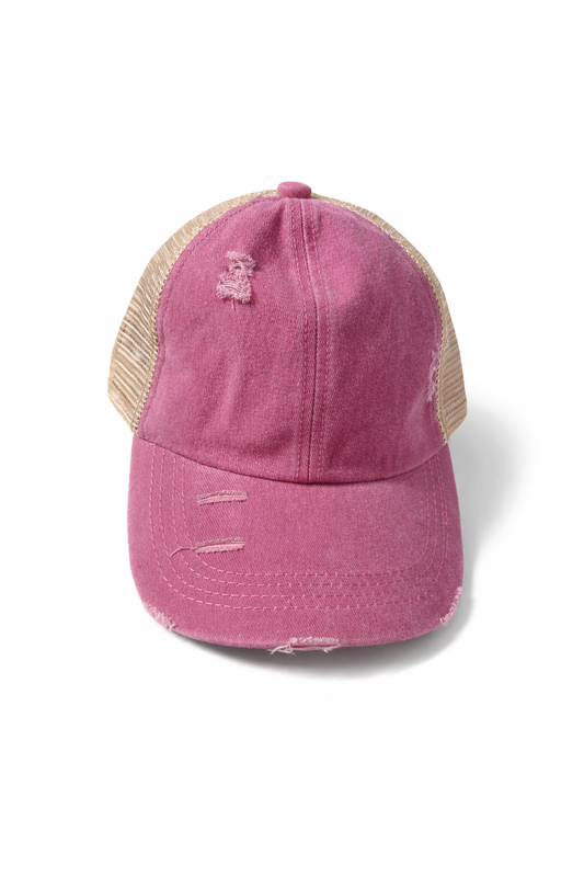 Distressed Pink Criss-Cross Ponytail Trucker Hat
