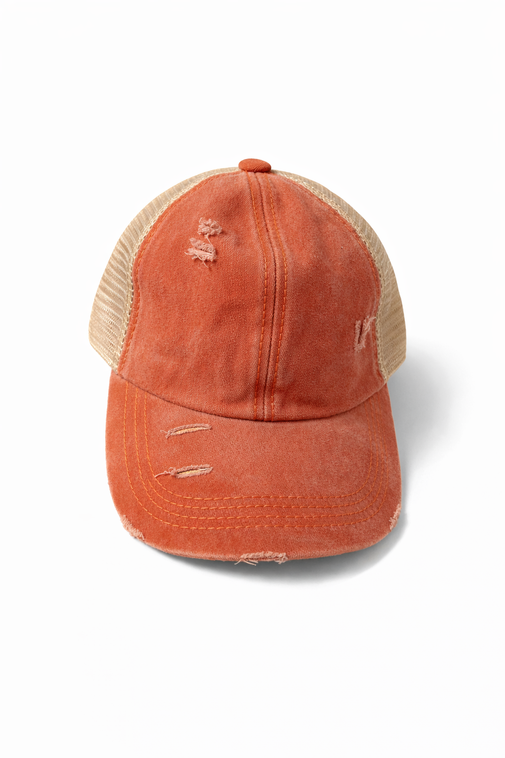 Distressed Orange Criss-Cross Ponytail Trucker Hat