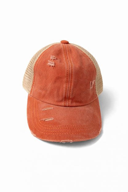Distressed Orange Criss-Cross Ponytail Trucker Hat