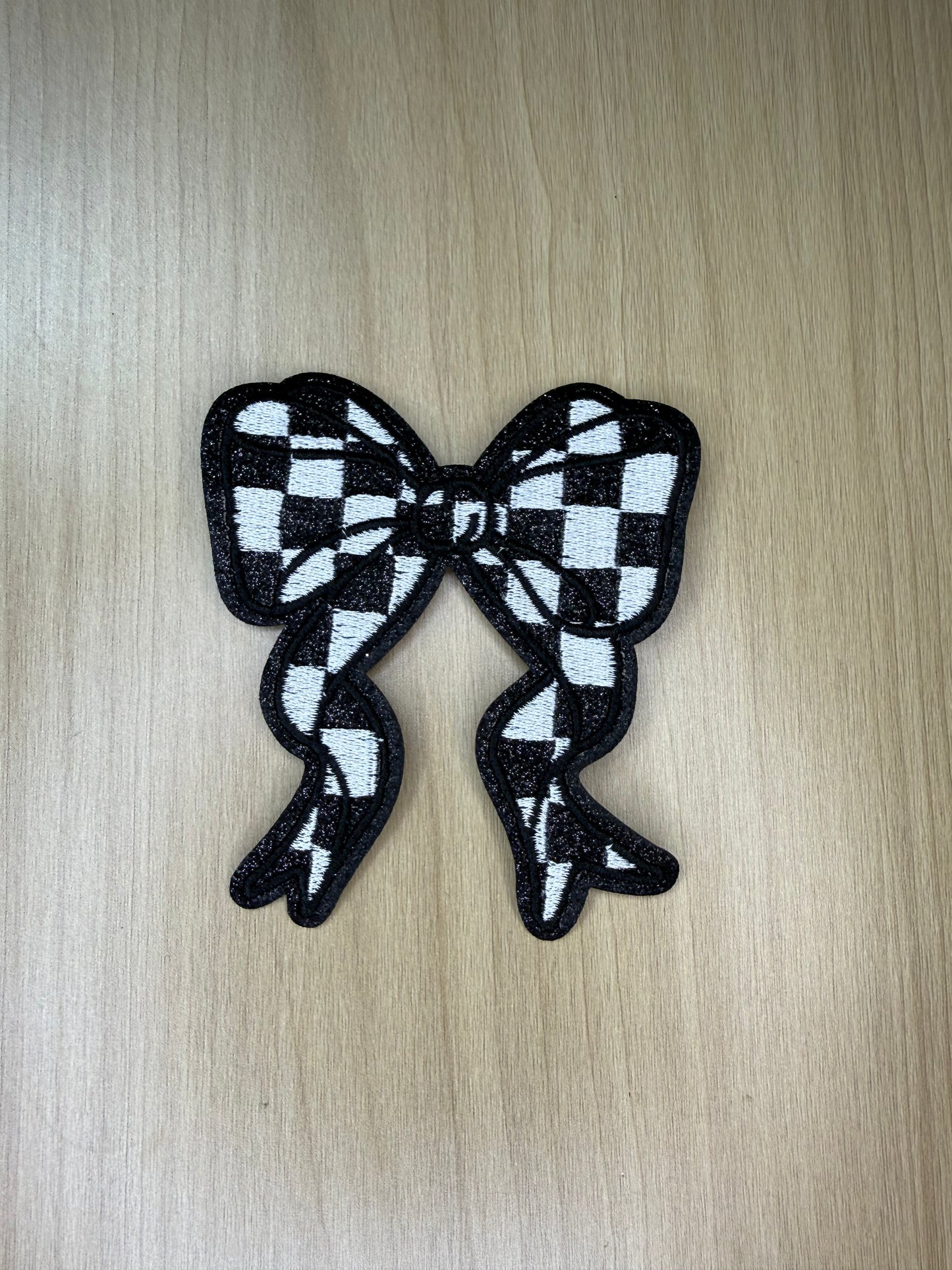 3” Glitter Bow Iron on Patch Black/White Checkered