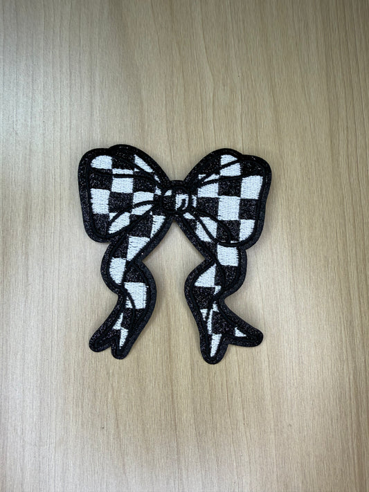 3” Glitter Bow Iron on Patch Black/White Checkered