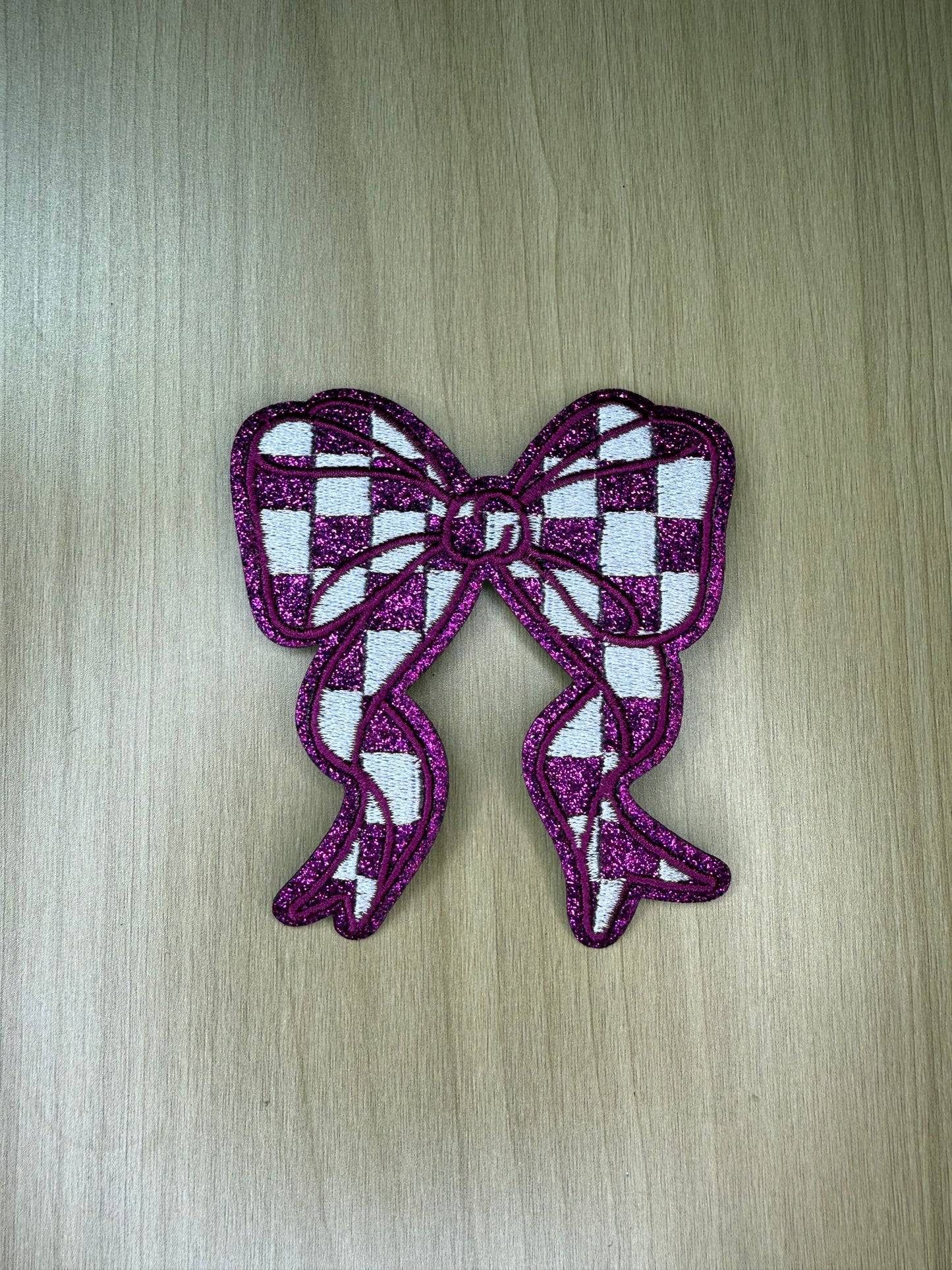 3” Glitter Bow Iron on Patch Magenta Checkered