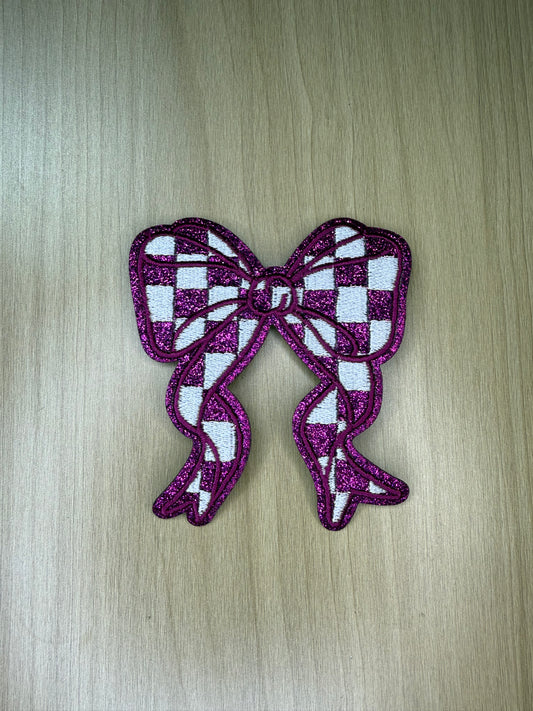 3” Glitter Bow Iron on Patch Magenta Checkered