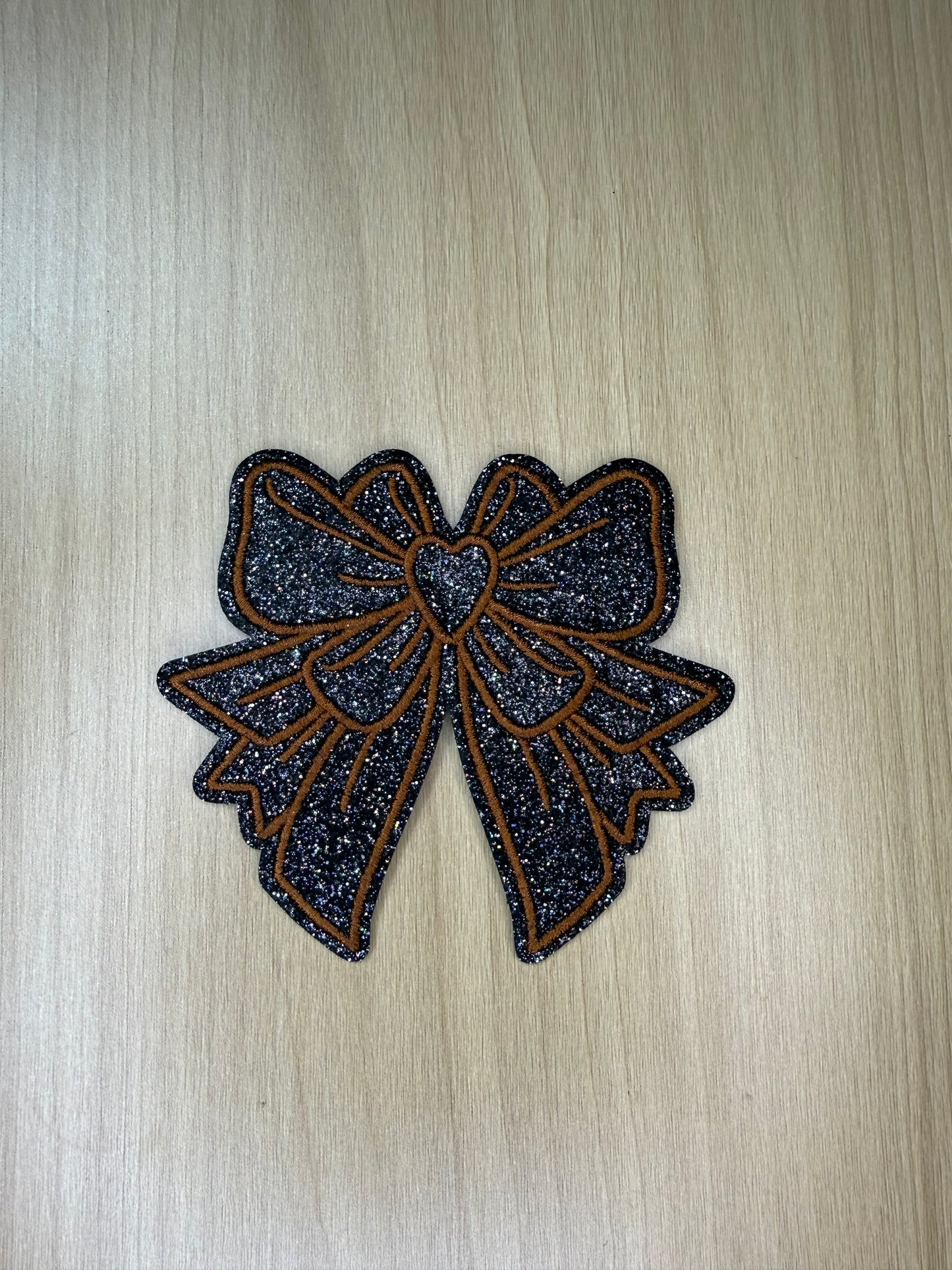 3” Glitter Bow Iron on Patch Brown/Black