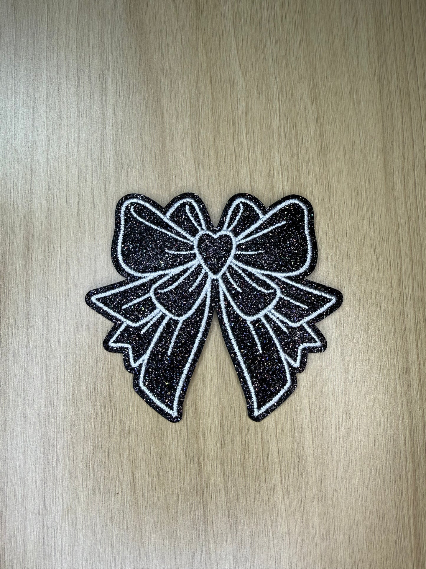 3” Glitter Bow Iron on Patch Black/White