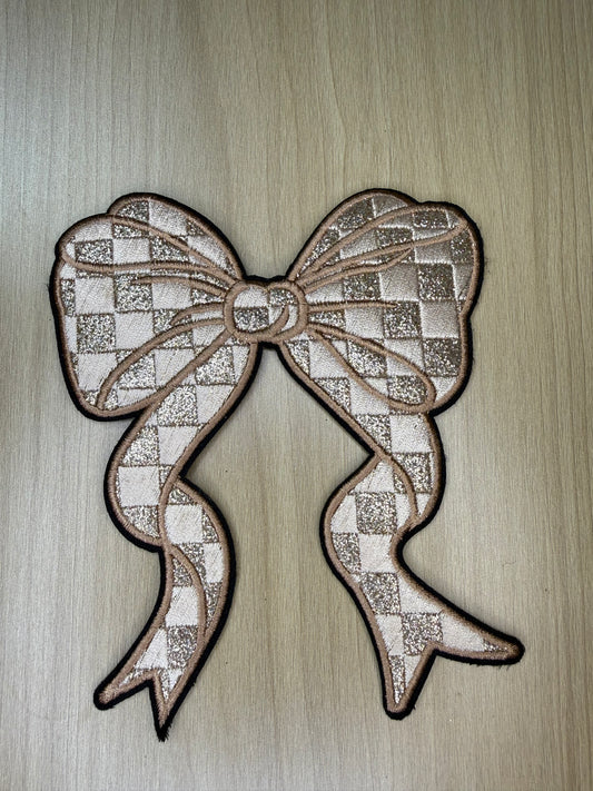 5” Glitter Bow Iron on Patch Brown Checkered