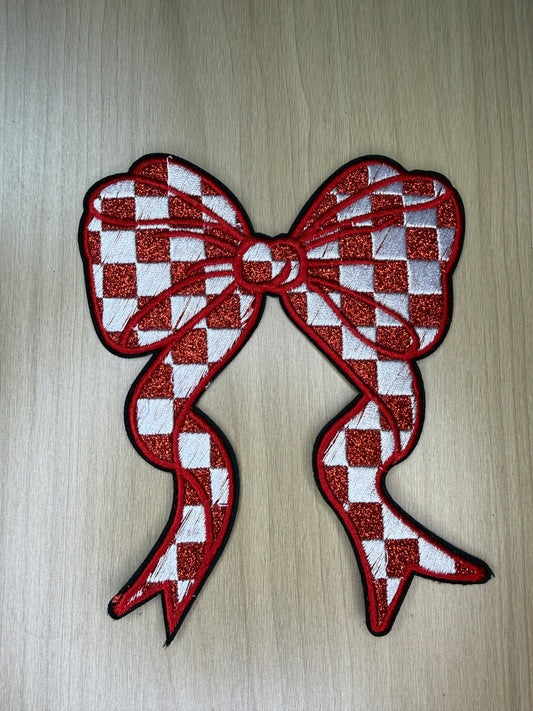 5” Glitter Bow Iron on Patch Red and White Checkered