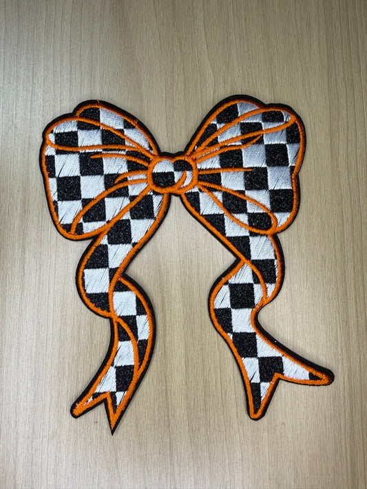 5” Glitter Bow Iron on Patch Black, White, and Orange Checkered