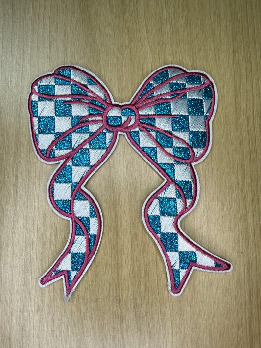 5” Glitter Bow Iron on Patch Blue and White Checkered