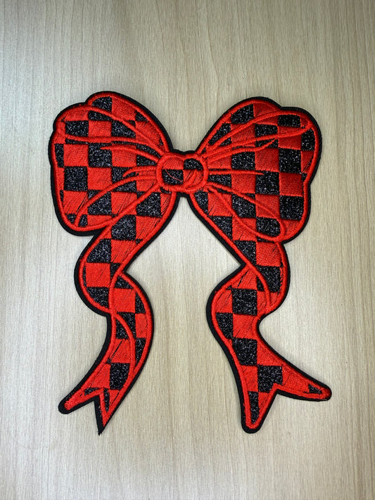 5” Glitter Bow Iron on Patch Black and Red Checkered