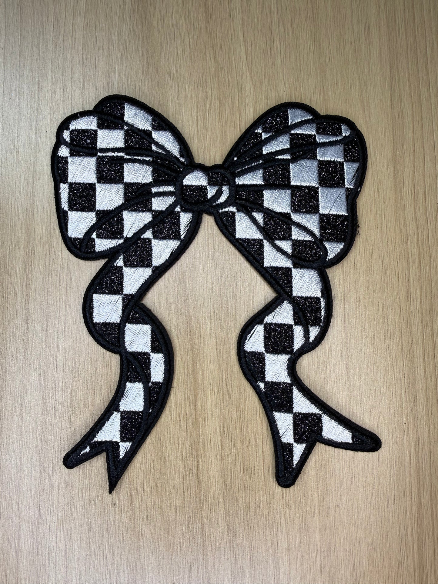 5” Glitter Bow Iron on Patch Black and White Checkered
