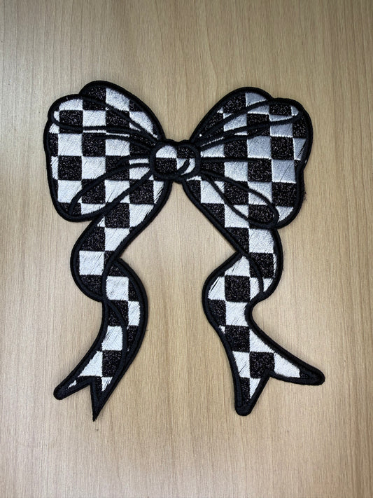 5” Glitter Bow Iron on Patch Black and White Checkered