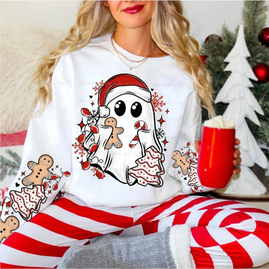Santa Ghost Gingerbread Glitter Tee Crewneck Hoodie