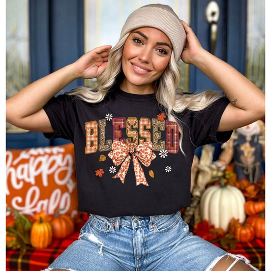 Blessed Bow Plaid Glitter Tee Crewneck Hoodie