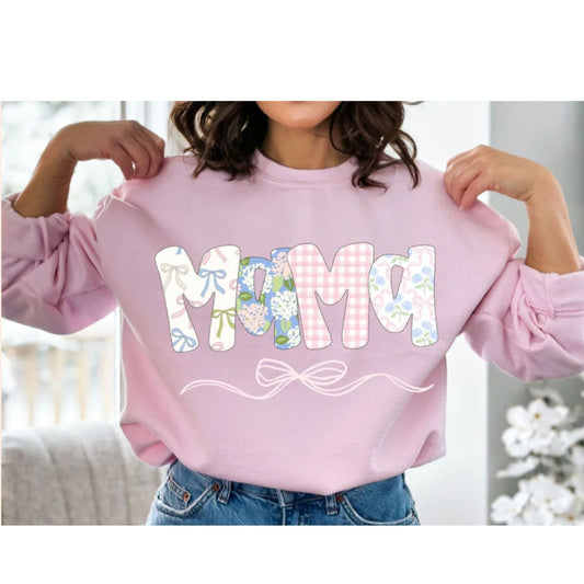 Pastel Patchwork Mama Glitter Tee Crewneck Hoodie