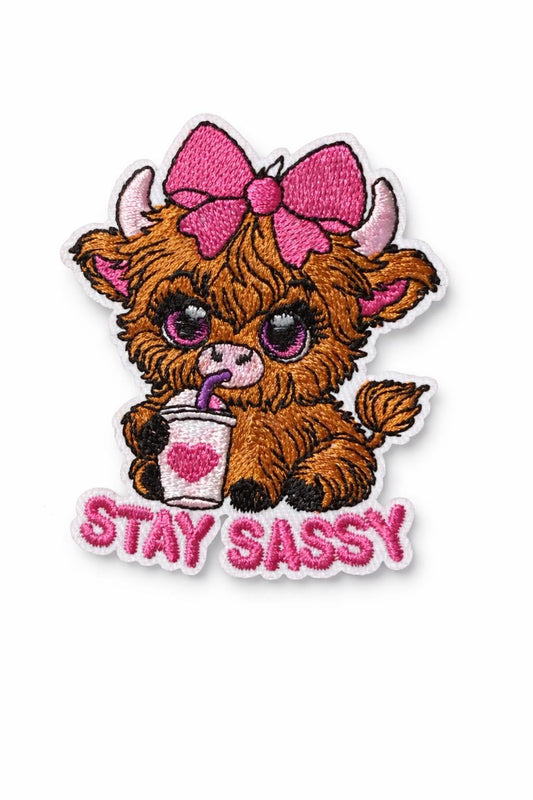 Stay Sassy Highland Cow Patch  Pink Bow Western Embroidered Iron-On