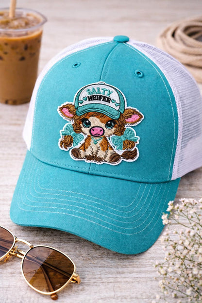 Salty Heifer Patch | Highland Cow Embroidered Iron-On Western Hat Badge