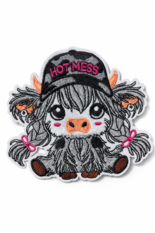 Hot Mess Highland Cow Patch | Embroidered Western Camo Hat Applique