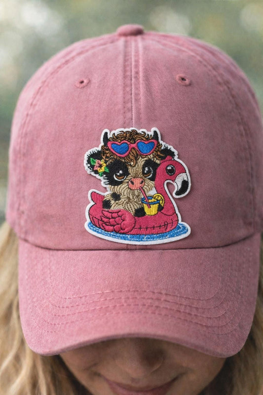 Embroidered Highland Cow Flamingo Pool Float Patch | Tropical Summer Beach Hat Accessory