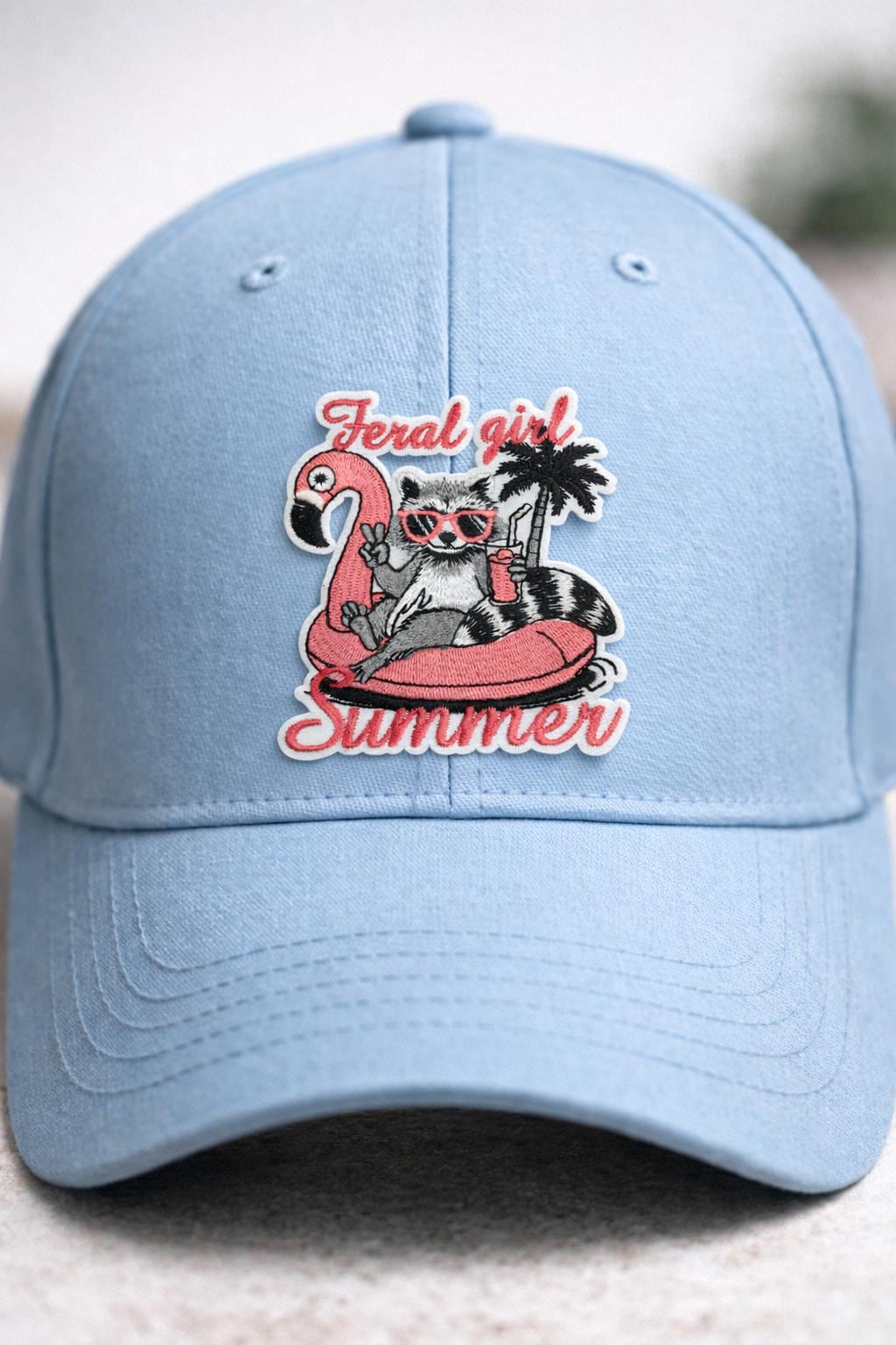 Feral Girl Summer Raccoon Patch  Flamingo Drink Applique  Iron-On Embroidered Summer Vibes