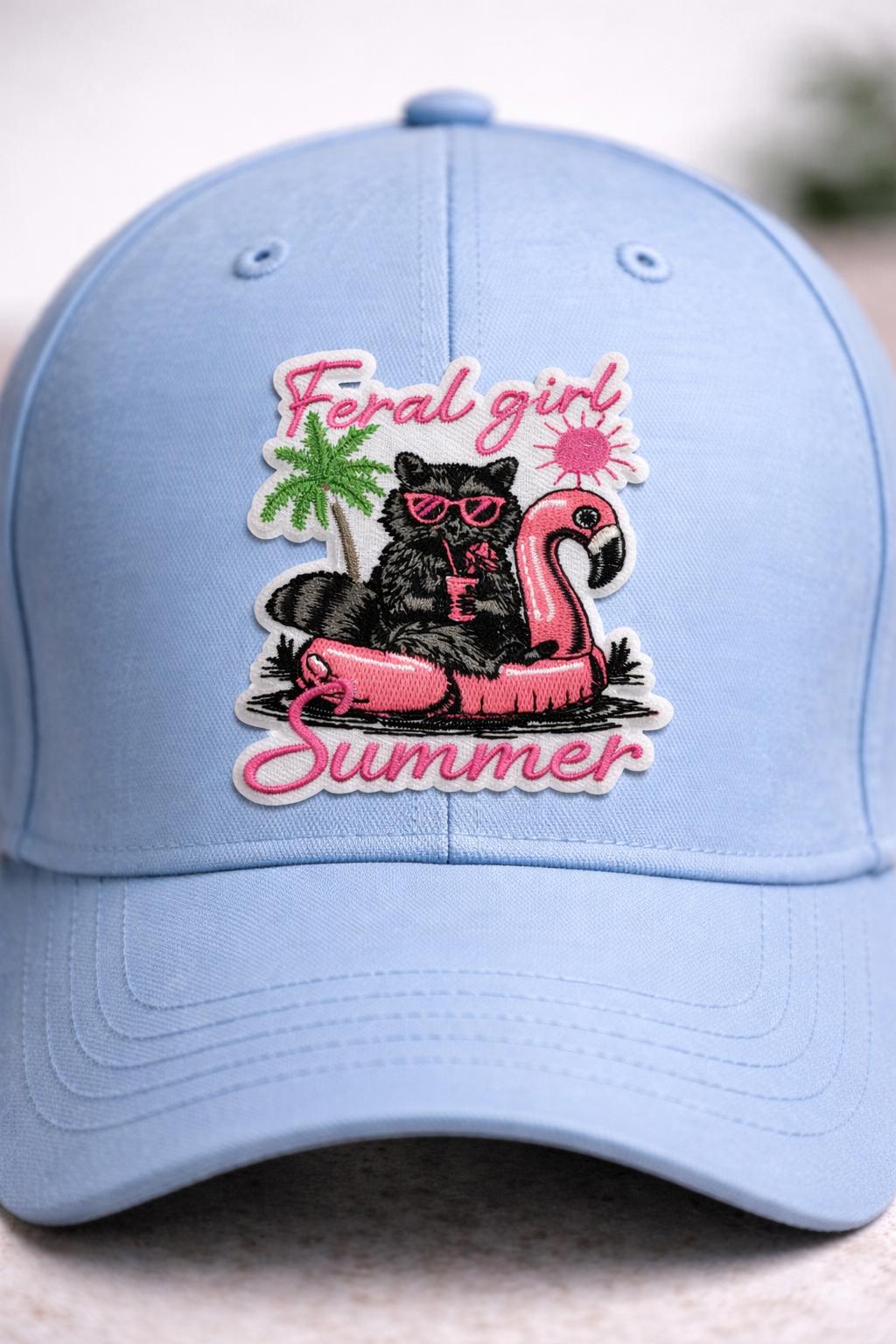 Feral Girl Summer Raccoon Patch  Flamingo Drink Applique  Iron-On Embroidered Summer Vibes