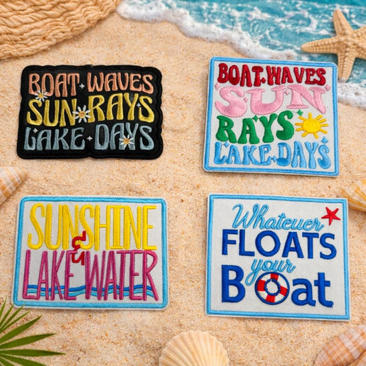 Embroidered Lake Life Patch | Boat Waves Sun Rays Summer Hat Bar (3in)