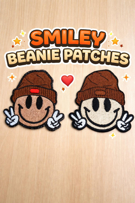 Smiley Face Beanie Patch with Peace Sign  Retro Embroidered Iron-On Bag Accessory
