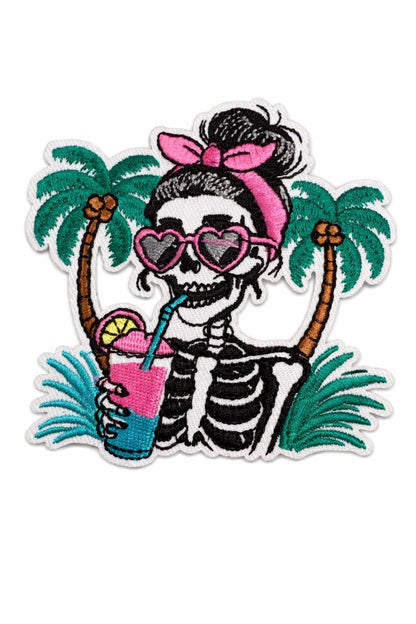 Tropical Skeleton Patch, Pink Heart Sunglasses, Summer Vacation Embroidered Iron-On