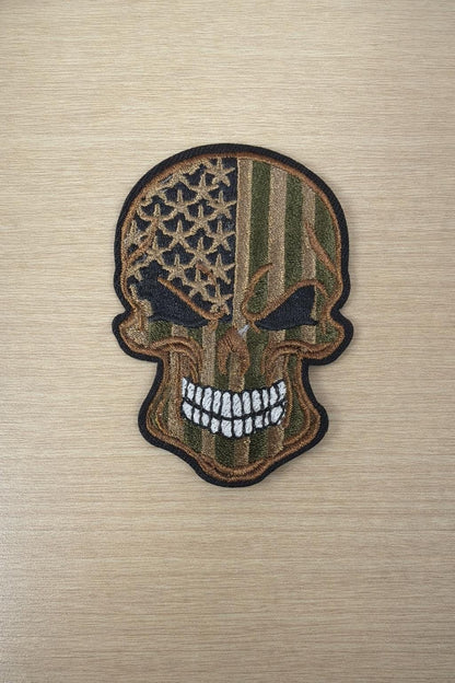 American Flag Skull Patch, Tactical Camouflage Embroidered Gear Patch, Biker Hat Applique