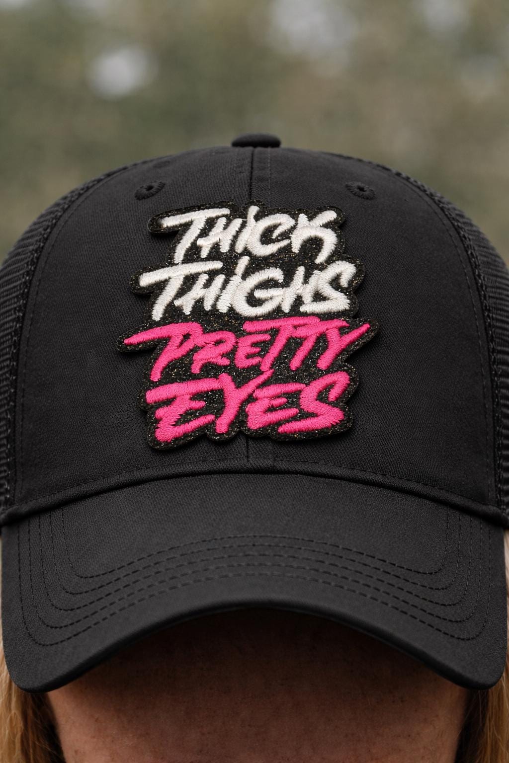 Embroidered Thick Thighs Pretty Eyes Patch, Body Positive Statement Iron On, 3 Inch Tall