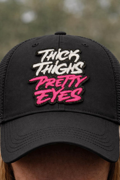 Embroidered Thick Thighs Pretty Eyes Patch, Body Positive Statement Iron On, 3 Inch Tall