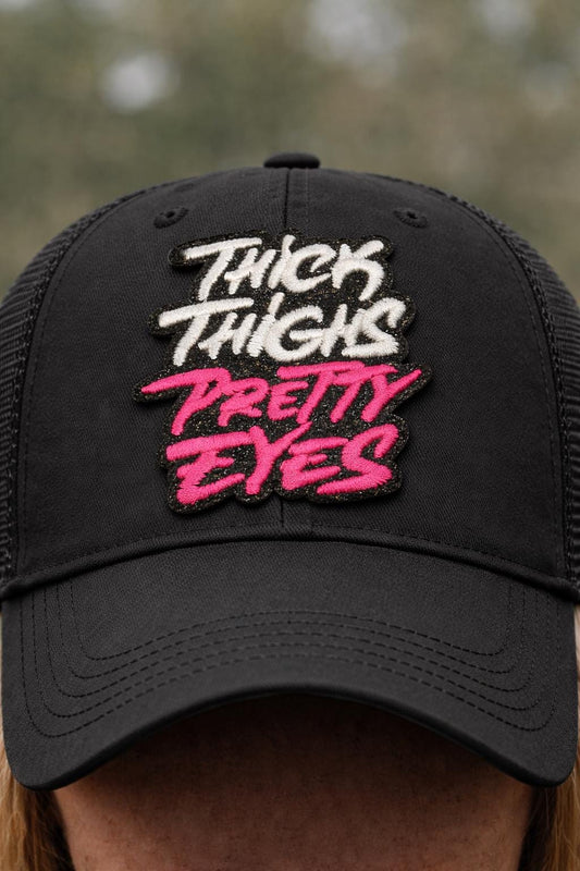 Embroidered Thick Thighs Pretty Eyes Patch, Body Positive Statement Iron On, 3 Inch Tall