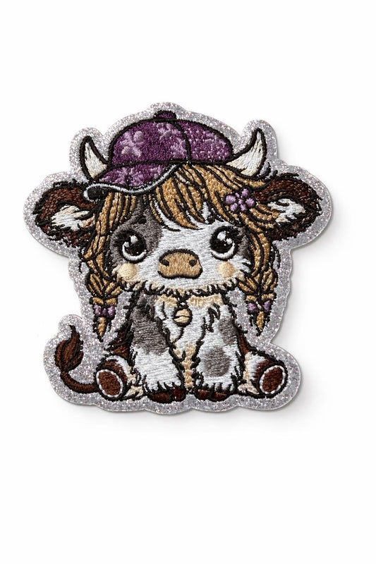 Embroidered Highland Cow Girl Iron on Patch  Purple Hat, Glitter Border