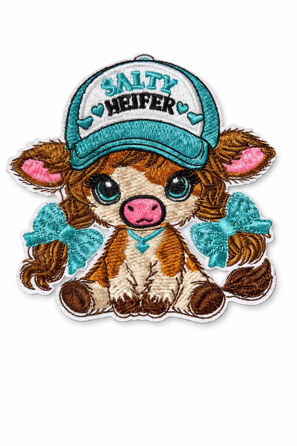 Salty Heifer Patch | Highland Cow Embroidered Iron-On Western Hat Badge