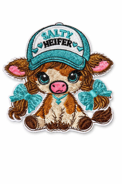 Salty Heifer Patch | Highland Cow Embroidered Iron-On Western Hat Badge
