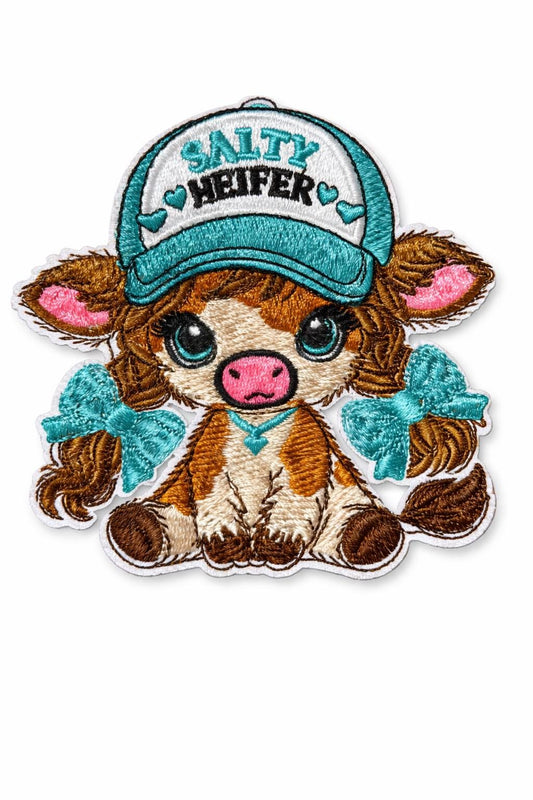 Salty Heifer Patch | Highland Cow Embroidered Iron-On Western Hat Badge