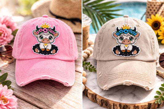 Princess Highland Cow Patch | Embroidered Floral Crown Baby Cow Applique