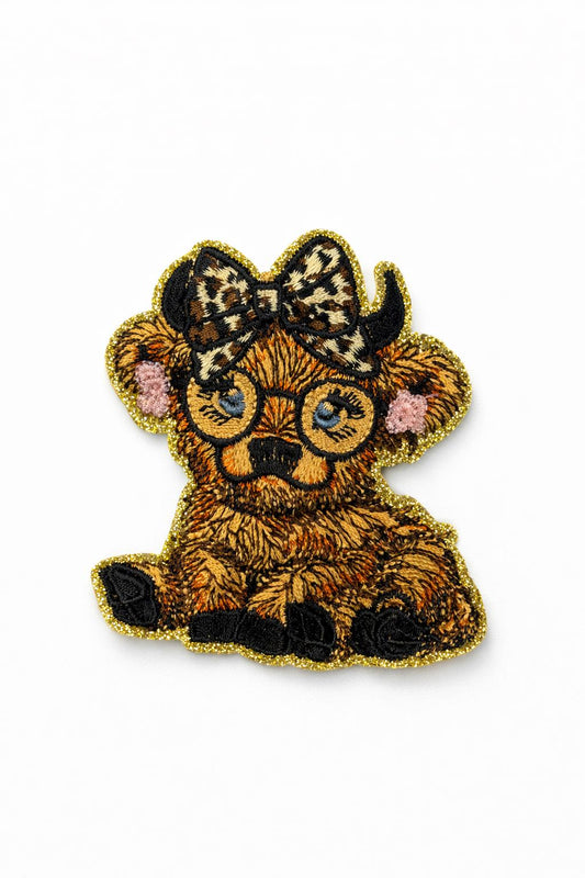 Highland Cow Patch  Leopard Bow, Glitter Outline, Embroidered Western Accent