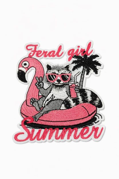 Feral Girl Summer Raccoon Patch  Flamingo Drink Applique  Iron-On Embroidered Summer Vibes