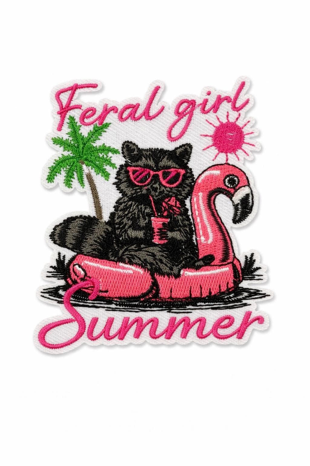 Feral Girl Summer Raccoon Patch  Flamingo Drink Applique  Iron-On Embroidered Summer Vibes