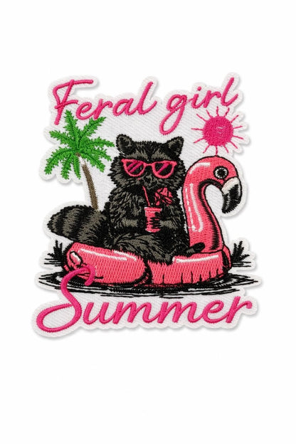 Feral Girl Summer Raccoon Patch  Flamingo Drink Applique  Iron-On Embroidered Summer Vibes
