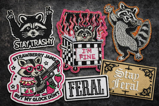 Feral Raccoon Embroidered Patch | Stay Trashy, Dumpster Fire Designs (Iron-On)