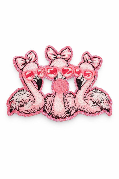 Pink Flamingo Trio Patch | Glitter Embroidered Applique | Iron On for Jackets, Bags